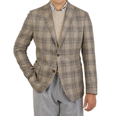 Eduard Dressler Beige Checked Wool Tweed Sendrik Blazer Front