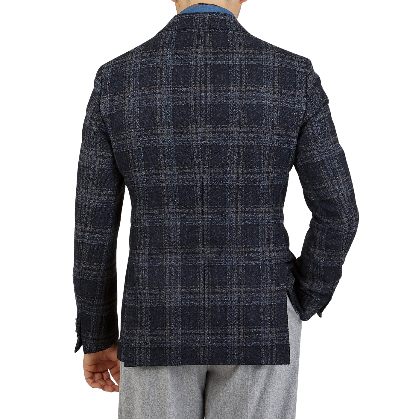 Eduard Dressler Dark Blue Checked Wool Tweed Sendrik Blazer Back