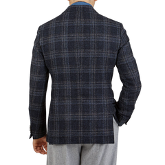 Eduard Dressler Dark Blue Checked Wool Tweed Sendrik Blazer Back