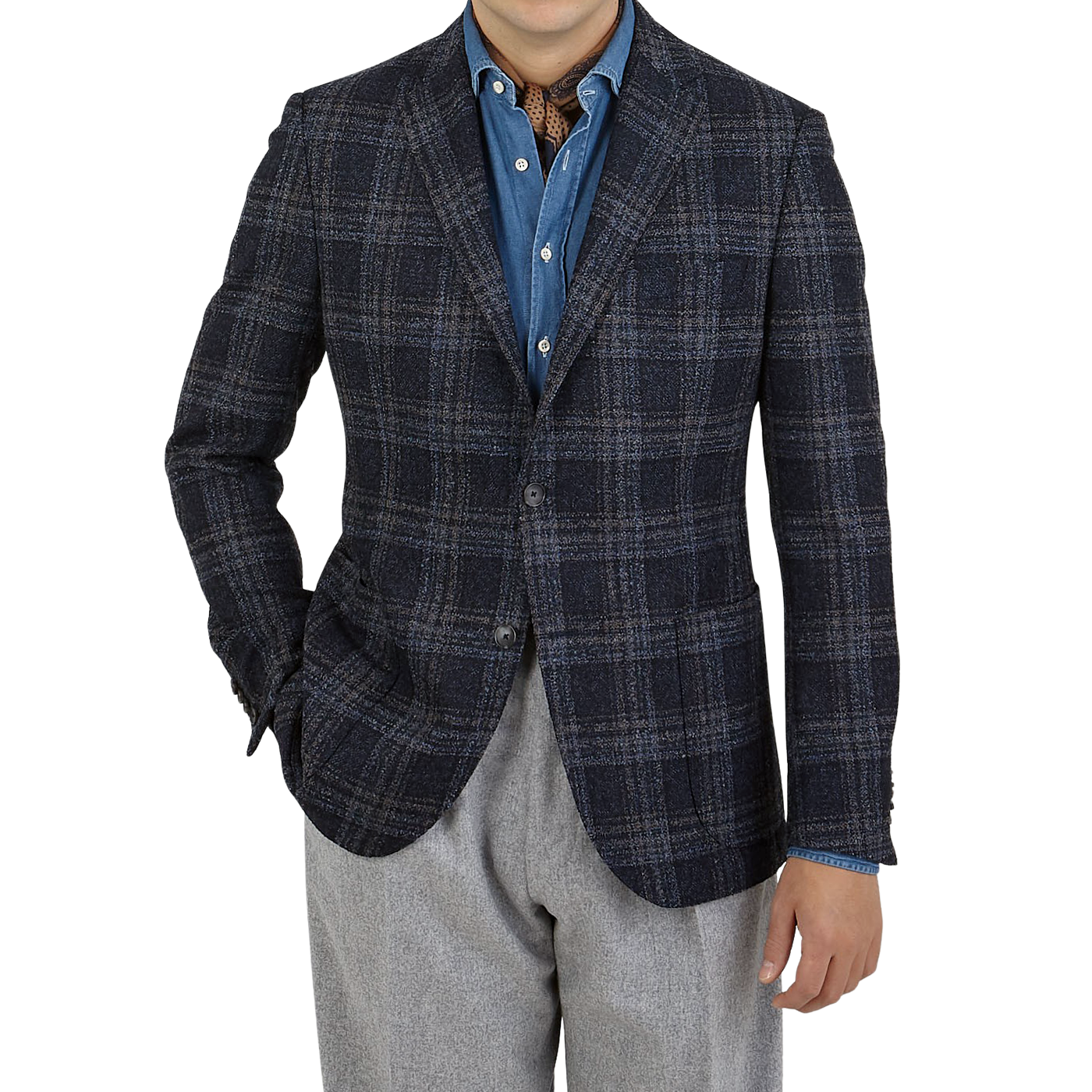 Eduard Dressler Dark Blue Checked Wool Tweed Sendrik Blazer Front