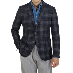 Eduard Dressler Dark Blue Checked Wool Tweed Sendrik Blazer Front