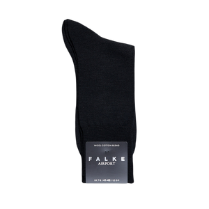 A pair of Falke Black Airport Wool Cotton Socks made with premium merino wool.