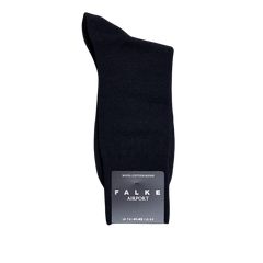 A Navy Airport Wool Cotton sock with the brand name Falke on it that provides temperature regulation.