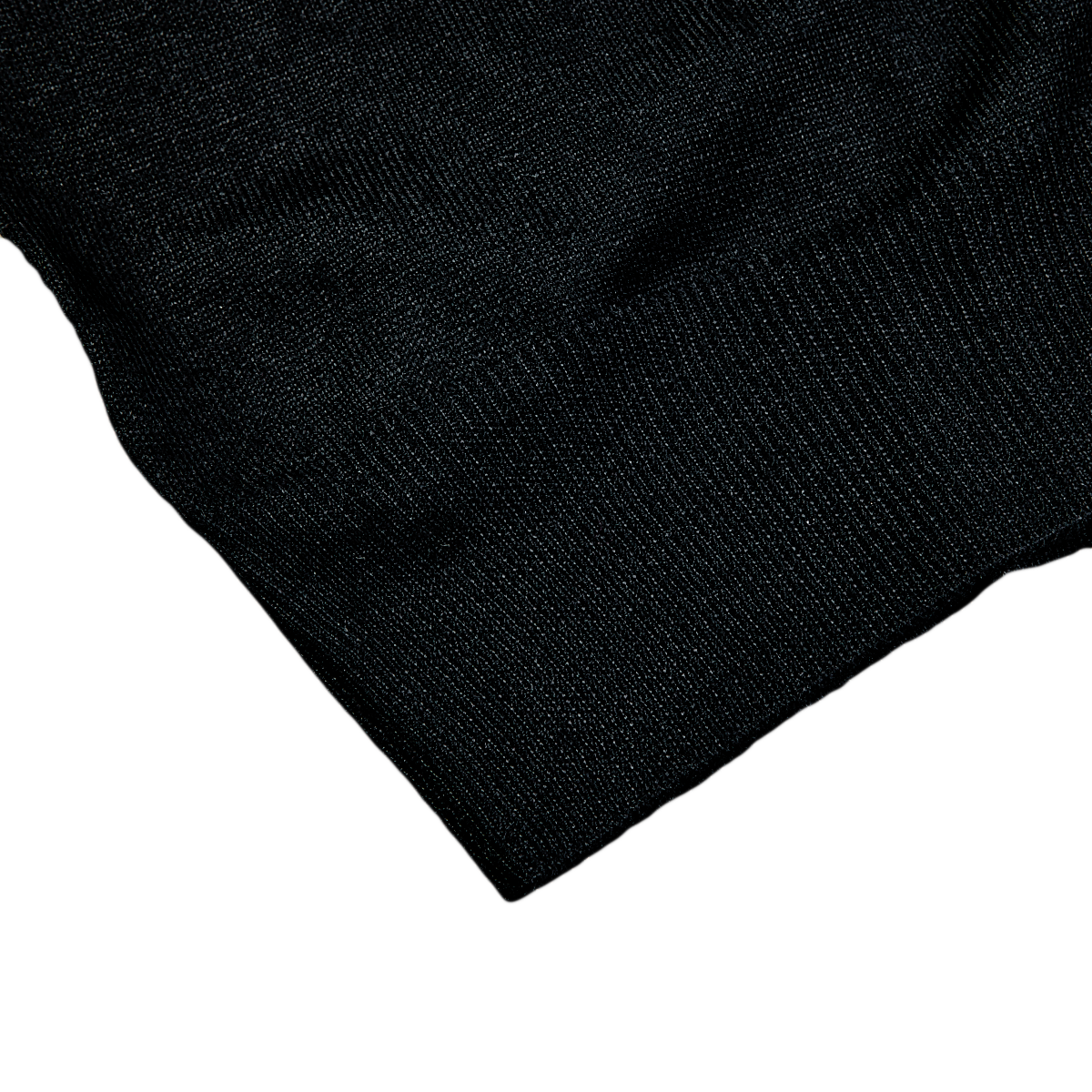 A close up of a Fedeli Black 140s Wool Mockneck Sweater on a white surface.