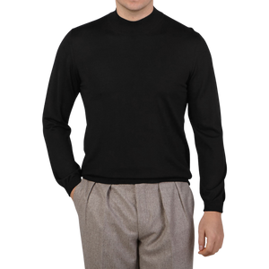 Fedeli Black 140s Wool Turtleneck Sweater Front