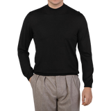 Fedeli Black 140s Wool Turtleneck Sweater Front
