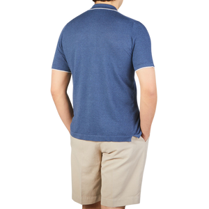 Fedeli Dark Blue Cotton Linen Bowling Shirt Back