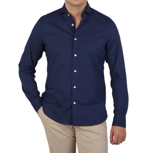 Fedeli Dark Blue Cotton Stretch Beach Shirt Front