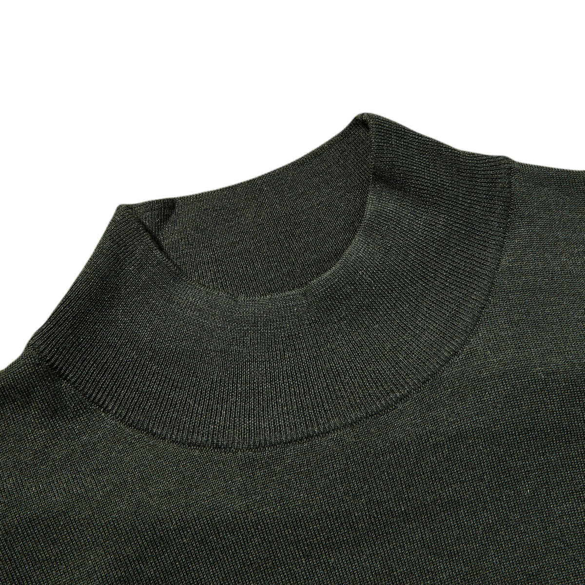 A close up of a Fedeli Green 140s Wool Mockneck Sweater.