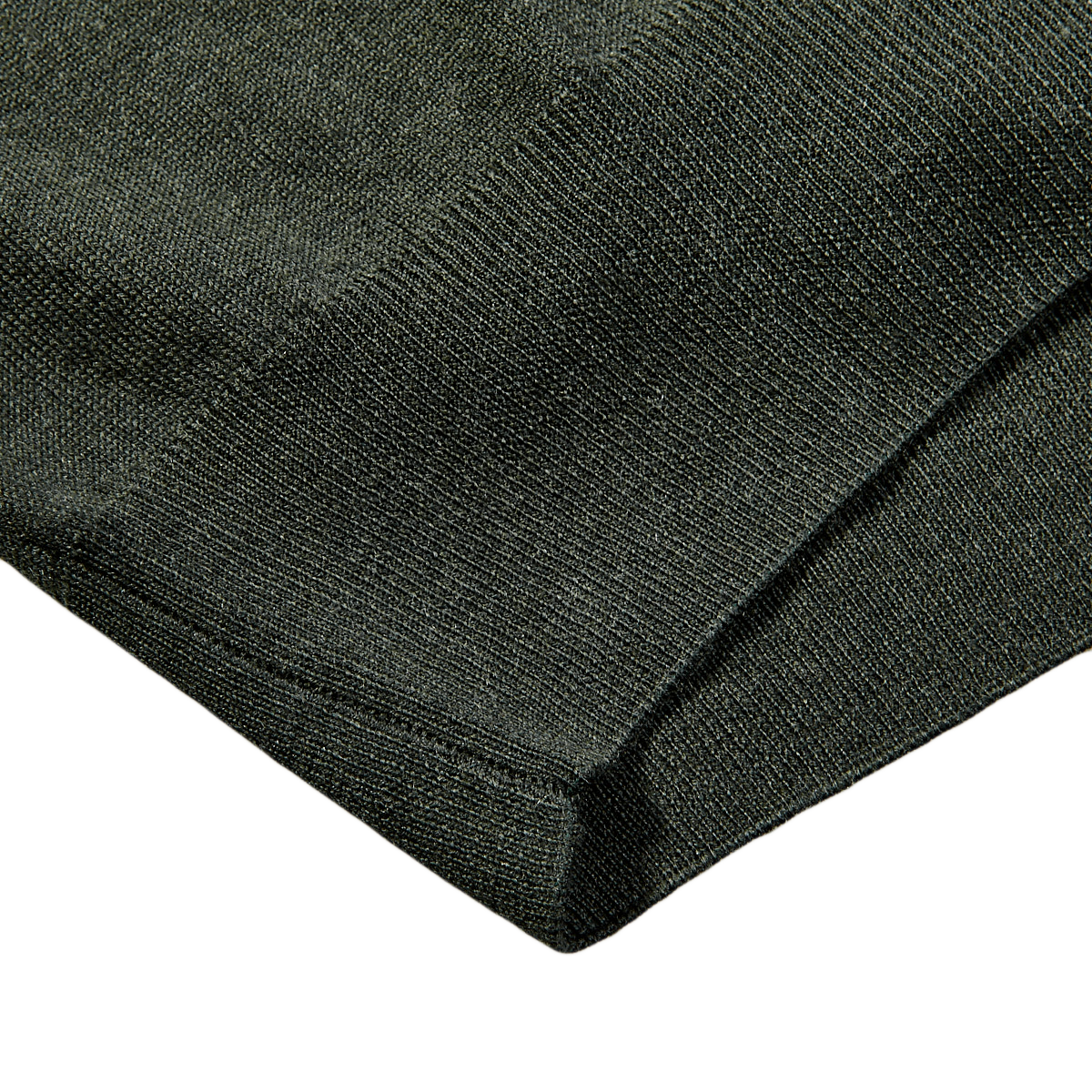 Close-up of a Fedeli Green 140s Wool Mockneck Sweater.