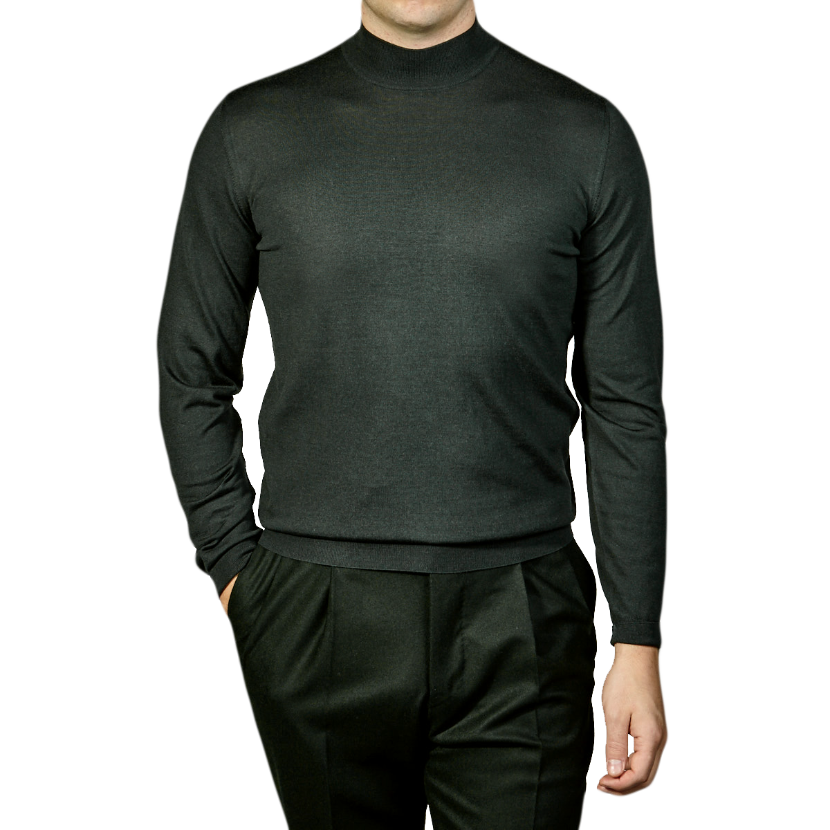 A man wearing a Green 140s Wool Mockneck Sweater made by Fedeli.