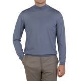 Fedeli Light Blue 140s Wool Mockneck Sweater Front