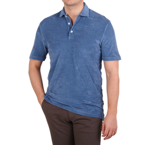 Fedeli Light Blue Cotton Towelling Polo Shirt Front