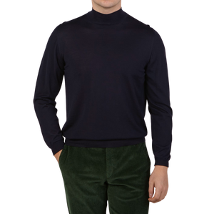 Fedeli Navy 140s Wool Turtleneck Sweater Front