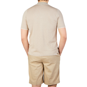Fedeli Sand Beige Cotton Linen Bowling Shirt Back