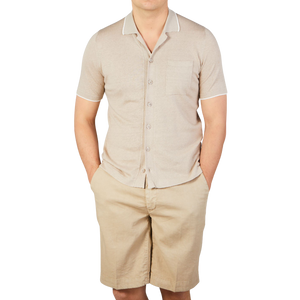 Fedeli Sand Beige Cotton Linen Bowling Shirt Front