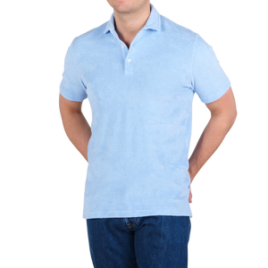 Fedeli Sky Blue Cotton Towelling Polo Shirt Front