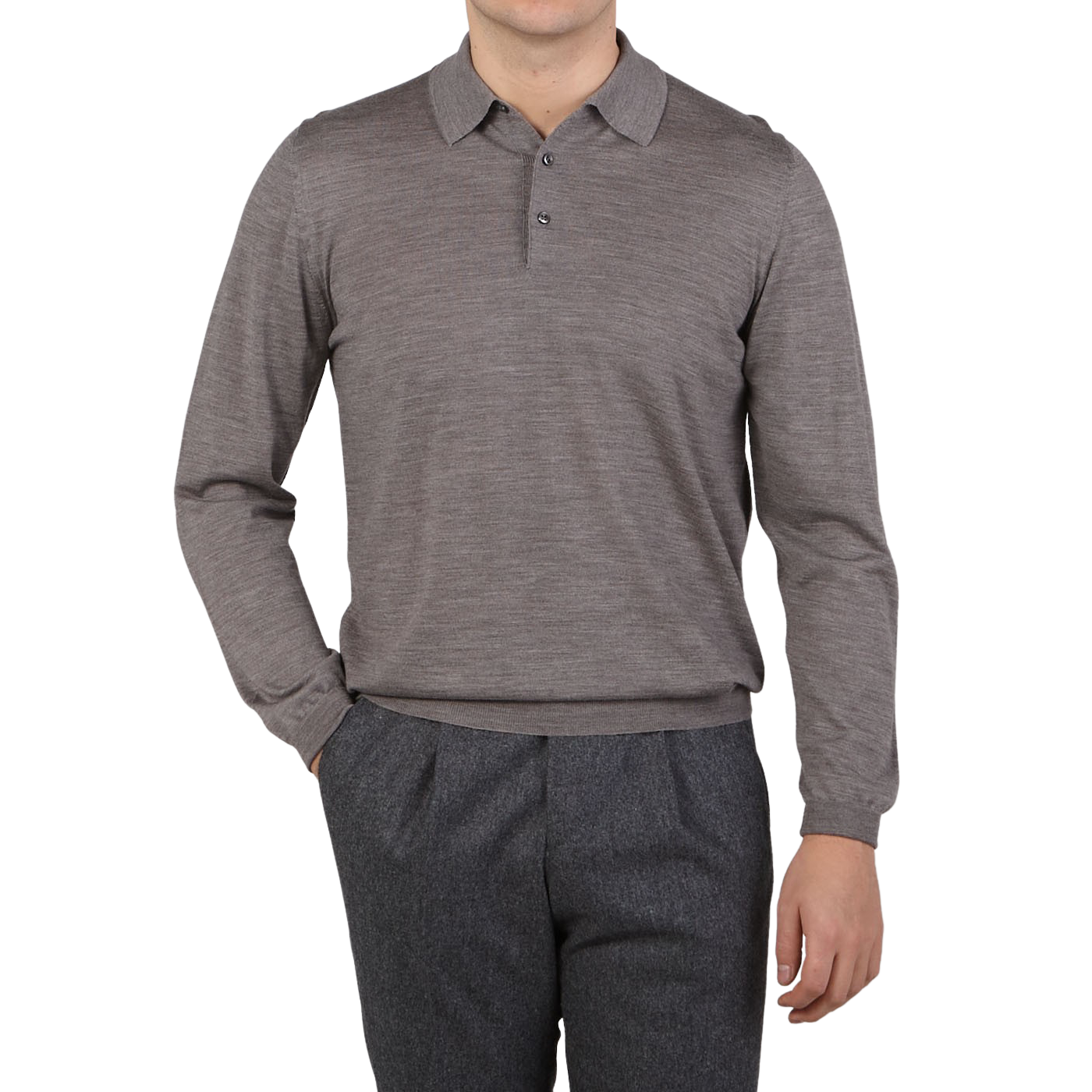 Fedeli Taupe Grey Super 140s Wool Polo Shirt Front