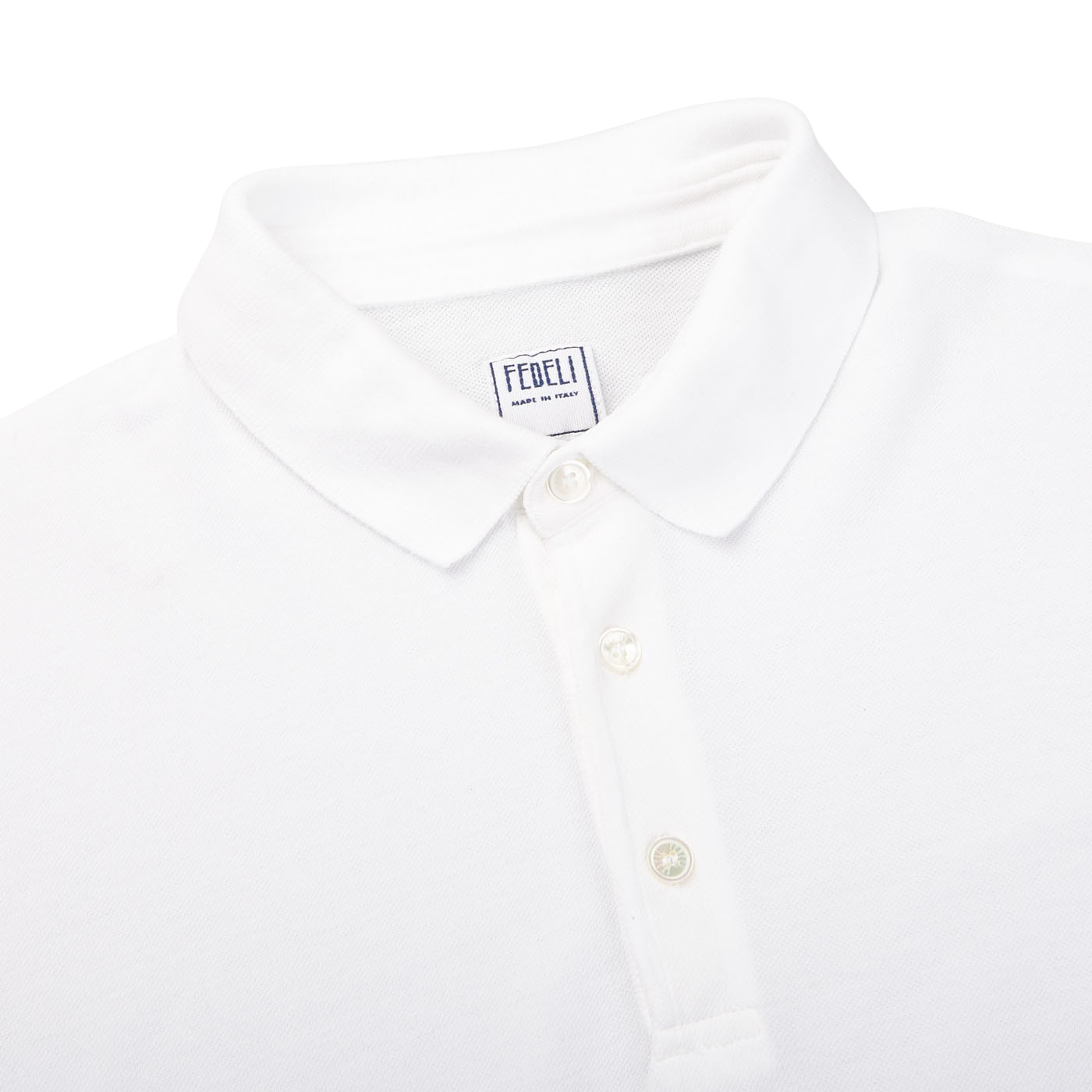 Fedeli Washed White Light Cotton Pique Polo Shirt Collar