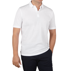 Fedeli Washed White Light Cotton Pique Polo Shirt Front