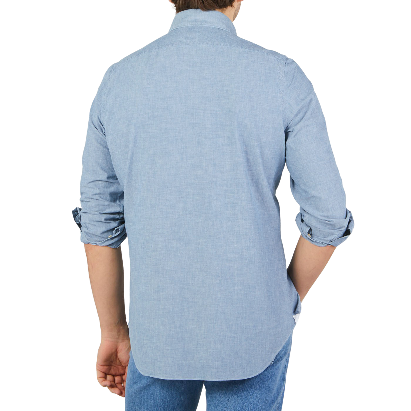 Finamore Washed Blue Cotton Chambray Casual Shirt Back