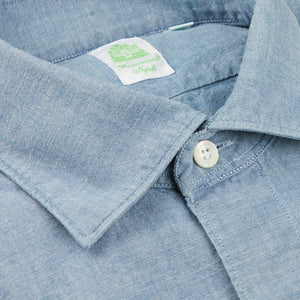 Finamore Washed Blue Cotton Chambray Casual Shirt Collar