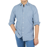 Finamore Washed Blue Cotton Chambray Casual Shirt Front