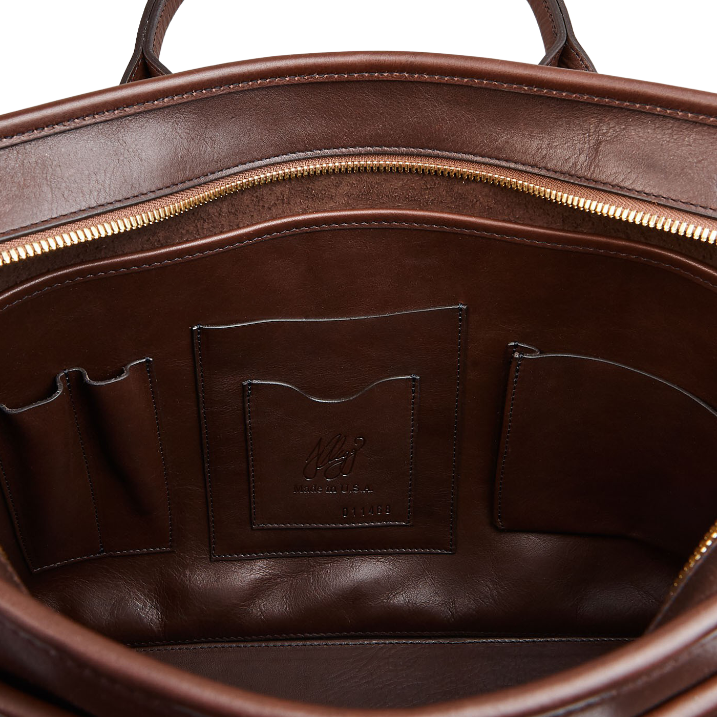 Frank Clegg Chocolate Tumbled Leather Zip-Top Briefcase Inside