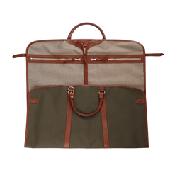 Frank Clegg Green Canvas Chestnut Leather Garment Bag Open