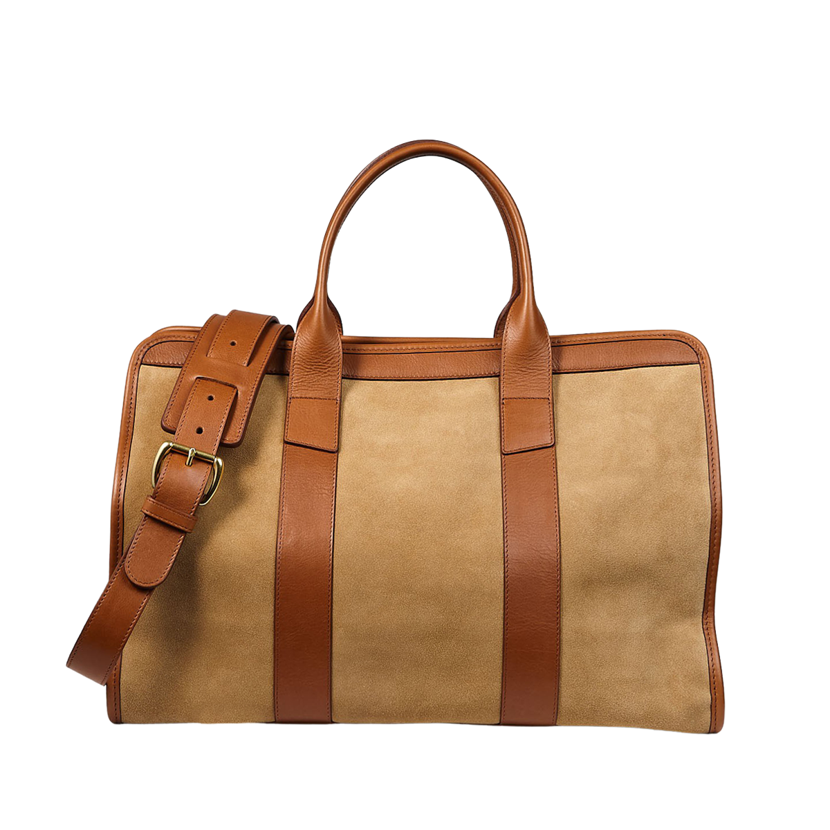 Frank Clegg Sand Suede Cognac Leather Small Travel Duffle Front