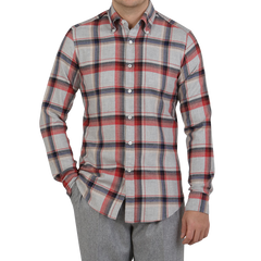 Giannetto Portofino Light Grey Checked Cotton Flannel BD Shirt Front