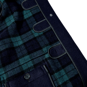 A close up of a Gloverall Navy Blue Wool Morris Duffle Coat jacket.