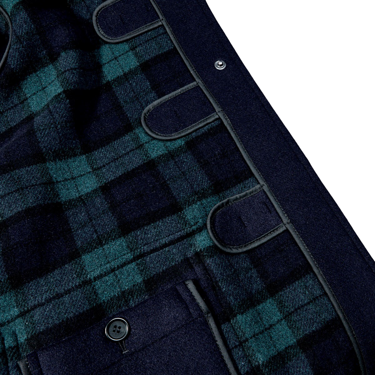 A close up of a Gloverall Navy Blue Wool Morris Duffle Coat jacket.