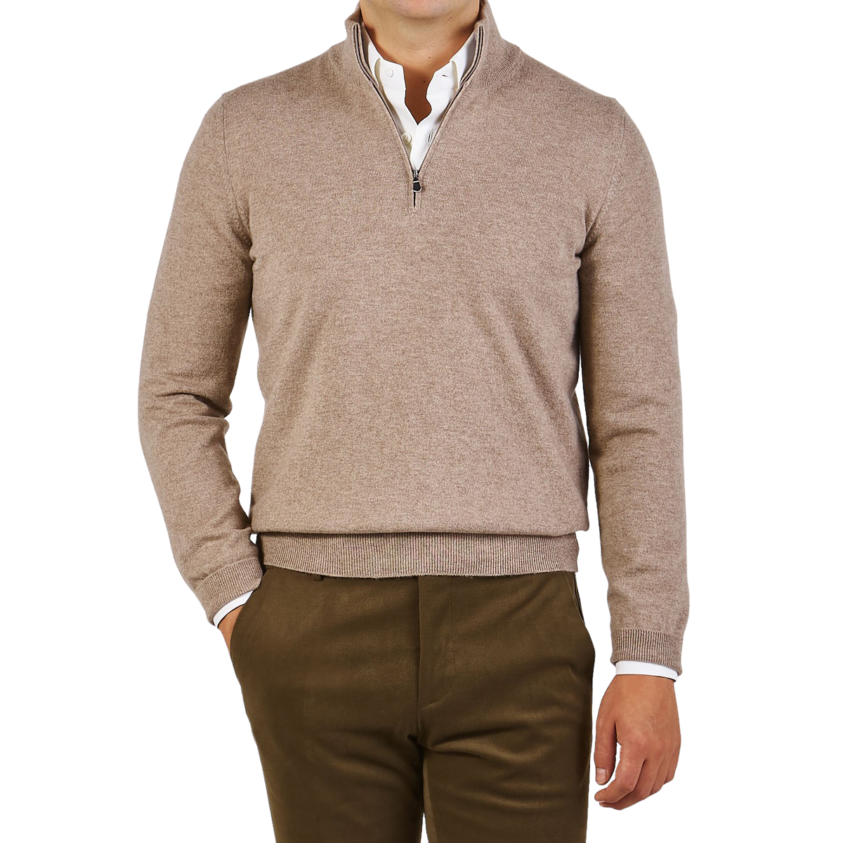 Gran Sasso Beige Melange Cashmere 1:4 Zip Sweater Front