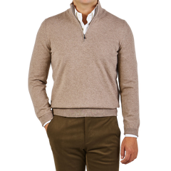 Gran Sasso Beige Melange Cashmere 1:4 Zip Sweater Front