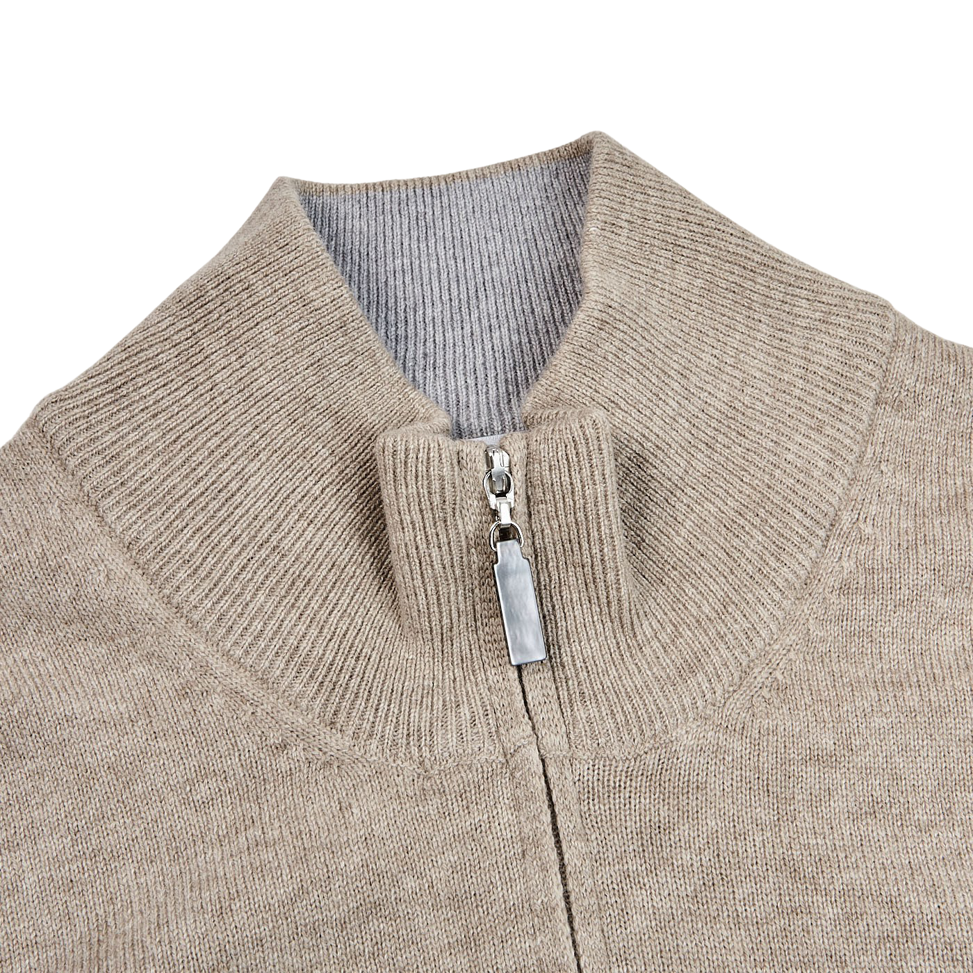 Gran Sasso Beige Wool Cashmere 1:4 Zip Sweater Collar
