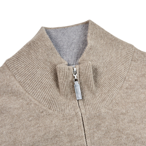 Gran Sasso Beige Wool Cashmere 1:4 Zip Sweater Collar