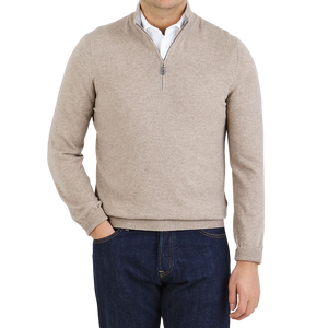 Gran Sasso Beige Wool Cashmere 1:4 Zip Sweater Front