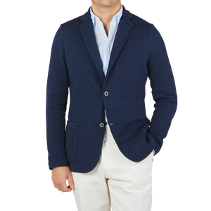 Gran Sasso Blue Melange Linen Cotton Knitted Blazer Front