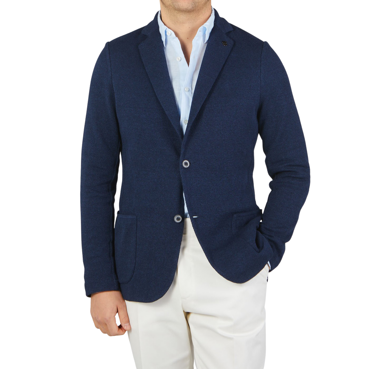 Gran Sasso Blue Melange Linen Cotton Knitted Blazer Front