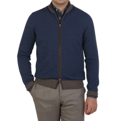 Gran Sasso Blue Melange Wool Cashmere Zip Cardigan Front