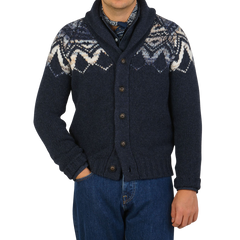 Gran Sasso Blue Wool Alpaca Shawl Collar Cardigan Front