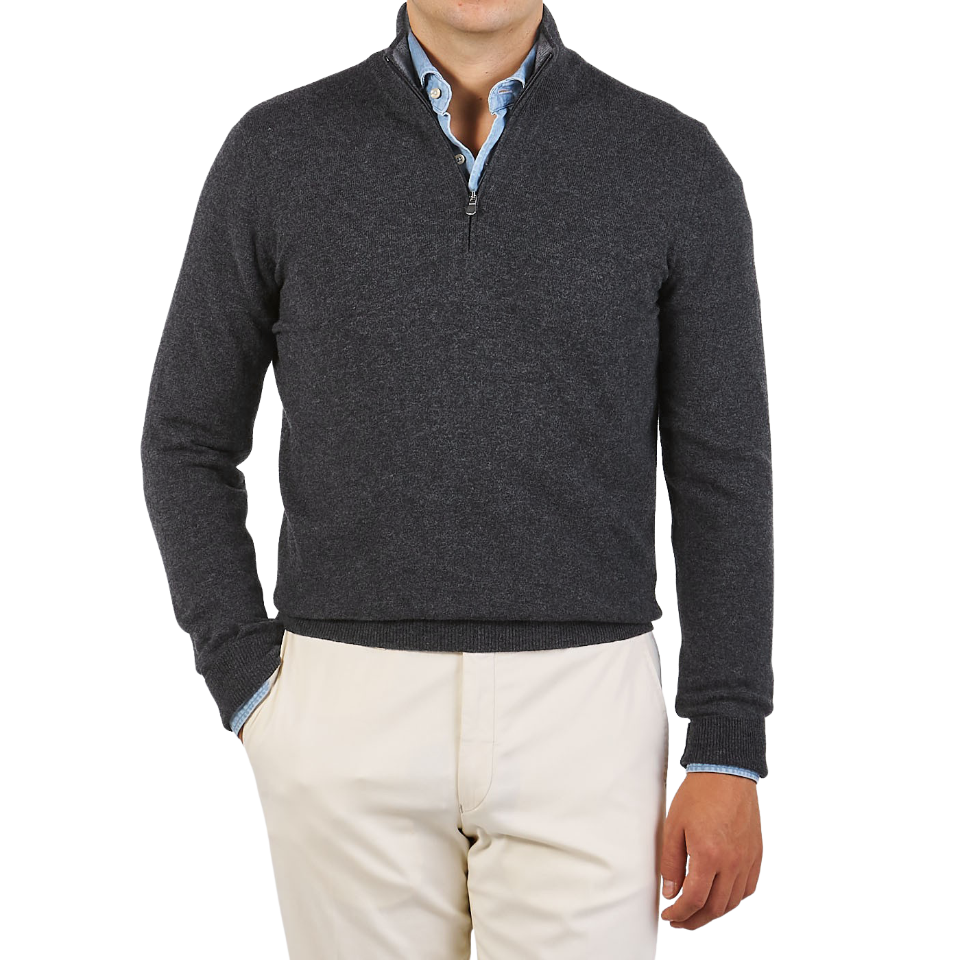 Gran Sasso Charcoal Grey Wool Cashmere 1:4 Zip Sweater Front