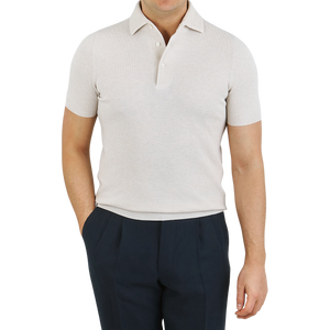 Gran Sasso Cream Fresh Cotton Mesh Polo Shirt Front