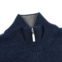 Gran Sasso Dark Blue Melange Wool Cashmere 1:4 Zip Sweater Collar