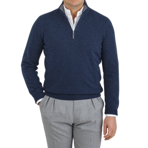 Gran Sasso Dark Blue Melange Wool Cashmere 1:4 Zip Sweater Front