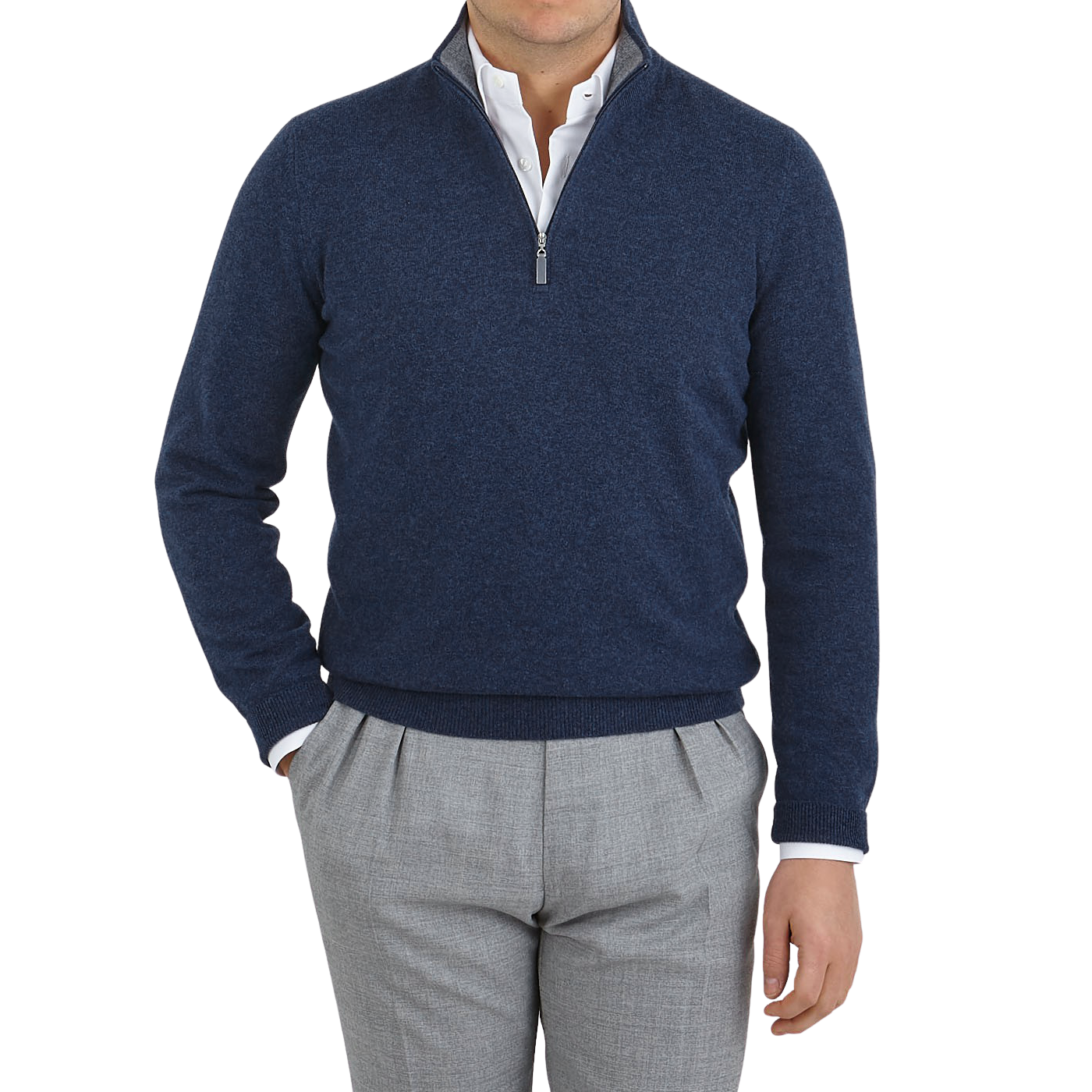 Gran Sasso Dark Blue Melange Wool Cashmere 1:4 Zip Sweater Front