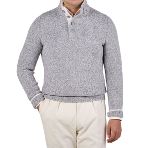 Gran Sasso Grey Melange Wool Quarter Button Sweater Front