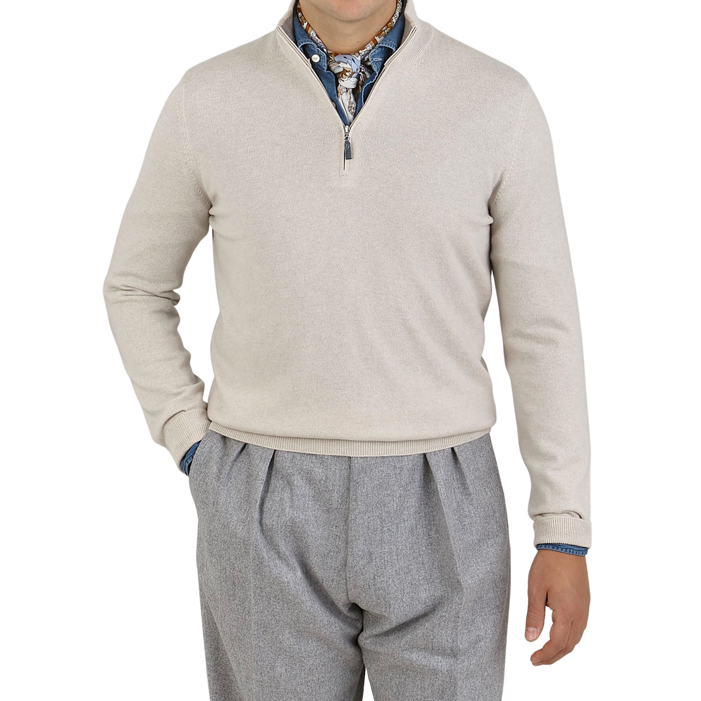 Gran Sasso Light Beige Cashmere 1:4 Zip Sweater Front