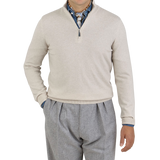 Gran Sasso Light Beige Cashmere 1:4 Zip Sweater Front